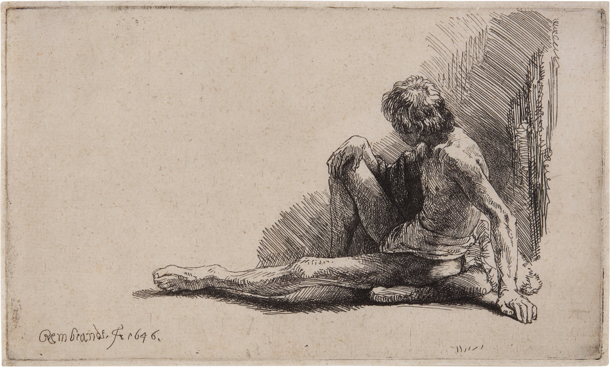 Rembrandt Harmensz. van Rijn — Nude Man Seated on the Ground with one Leg Extended (B., Holl. 196; New Holl. 234; H. 221)