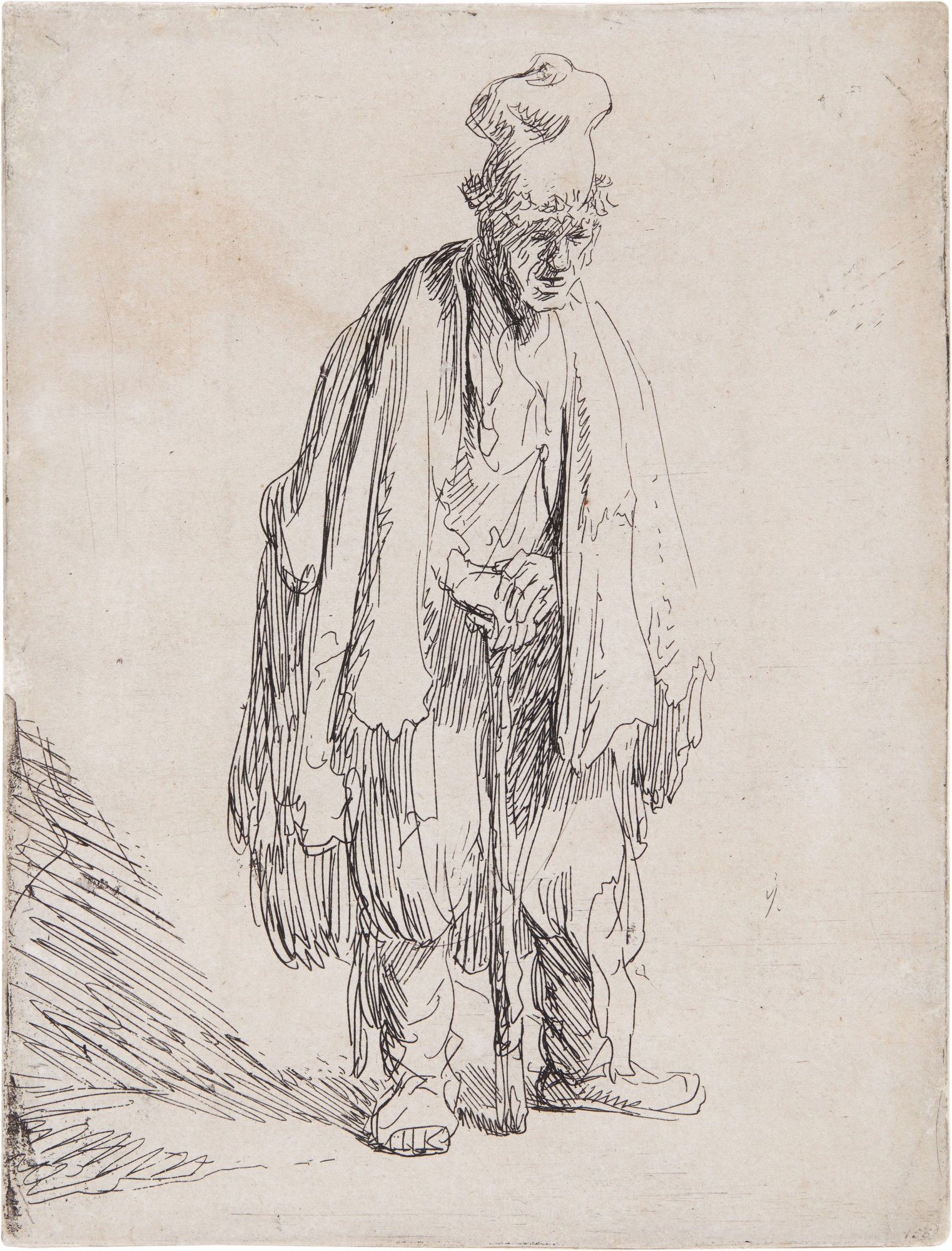 Rembrandt Harmensz. van Rijn — A Beggar in a High Cap, Standing and Leaning on a Stick (B., Holl. 162; New Holl. 41; H. 15)