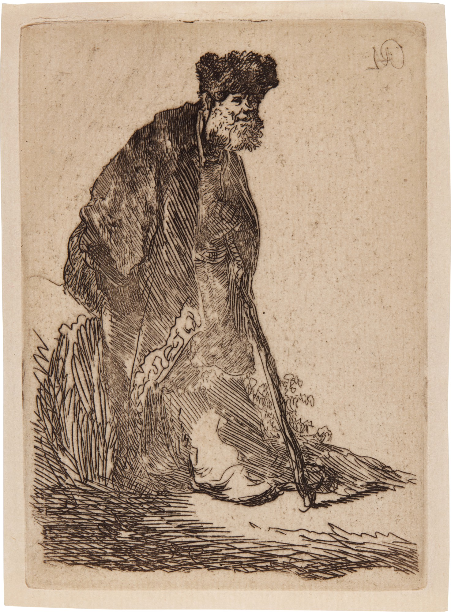 Rembrandt Harmensz. van Rijn — Man in a Coat and Fur Cap Leaning Against a Bank (B., Holl. 151; New Holl. 48, H. 14)