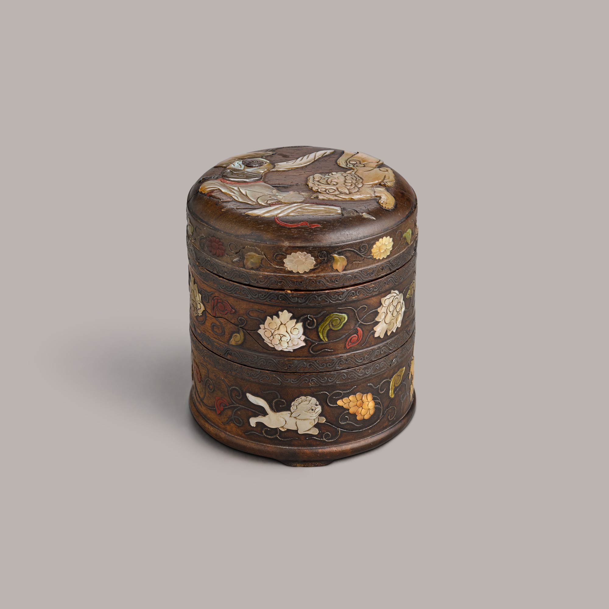 A two-tier mother-of-pearl inlaid zitan box and cover — 清十八世紀 紫檀百寶嵌胡人戯獅紋雙層套盒