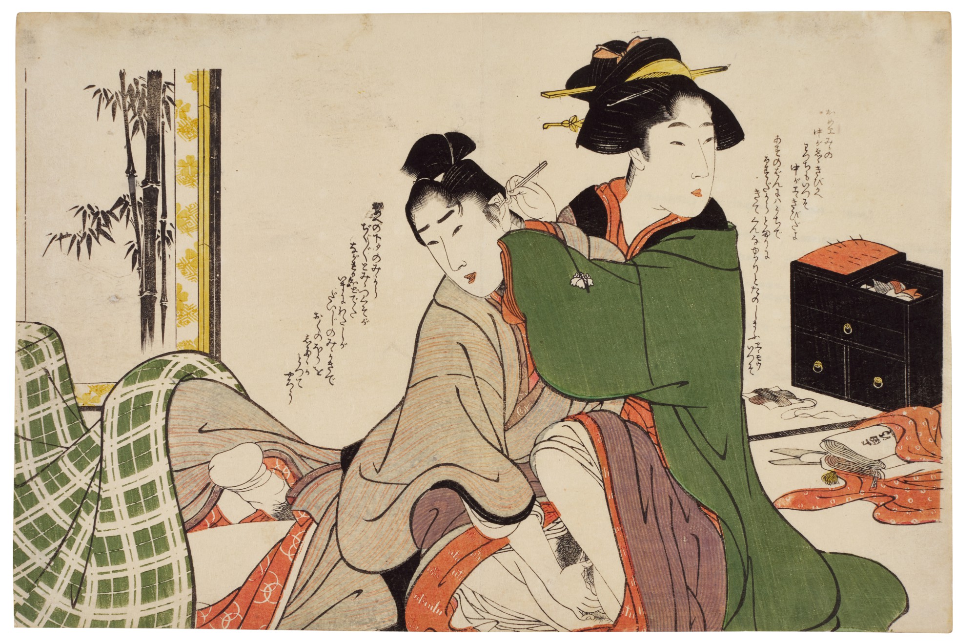 The Sokolov Collection — Attributed to Kitagawa Utamaro (1754-1806) An amorous couple beside folding screen and sewing box, Edo period, late 18th - early 19th century