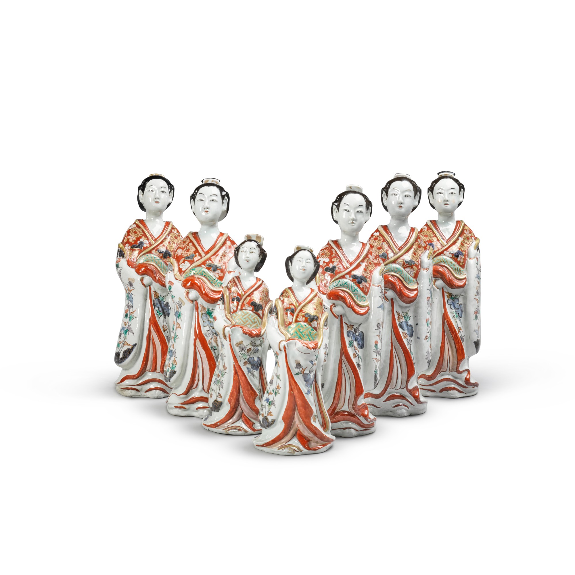 An impressive group of seven Imari figures of bijin — Edo period, late 17th century