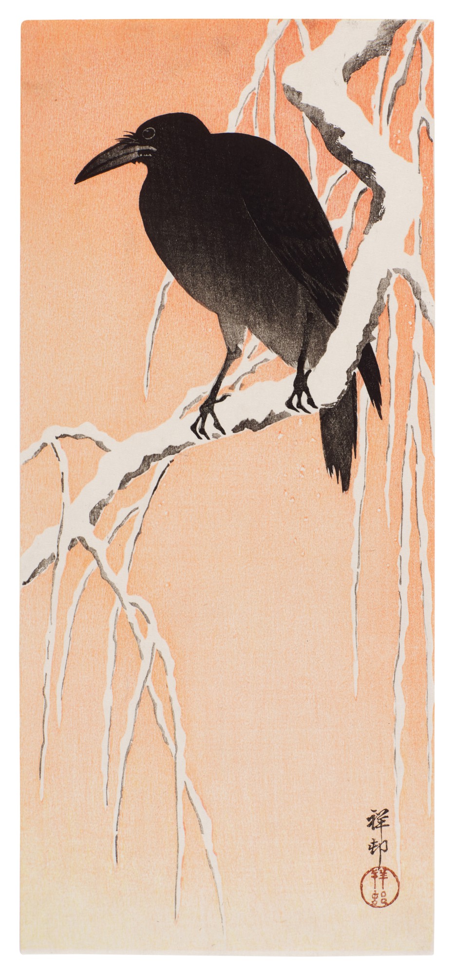 Crow on Snowy Willow Branch at Dawn | Showa period, 20th century