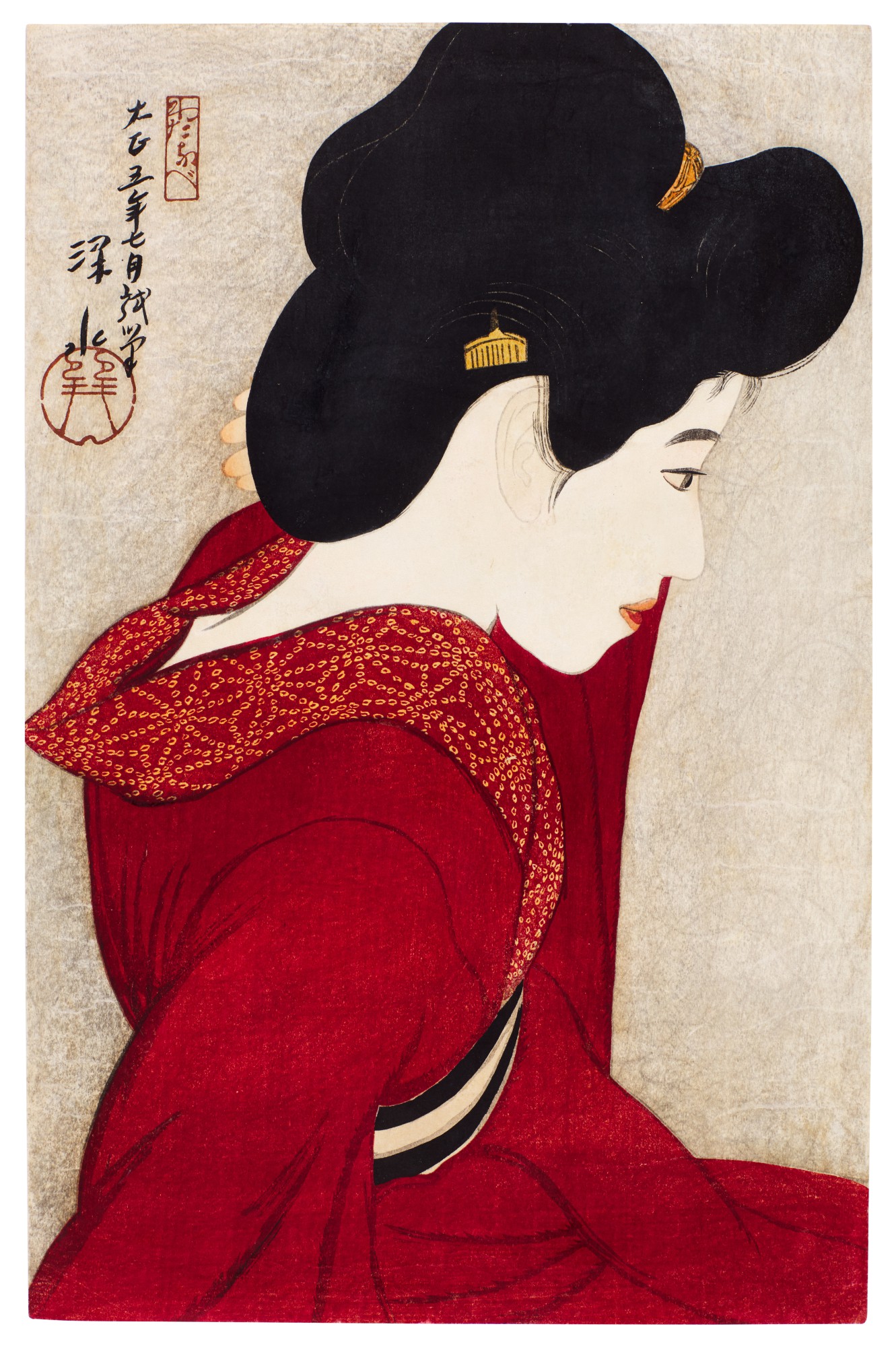 Taikyo (Before the mirror [Red geisha]) | Taisho period, early 20th century