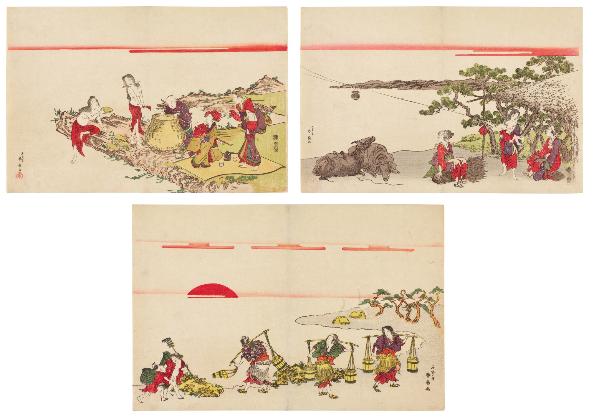 Katsukawa Shunsen (1762- circa 1830) — Three prints of women beside the shore | Edo period, 19th century