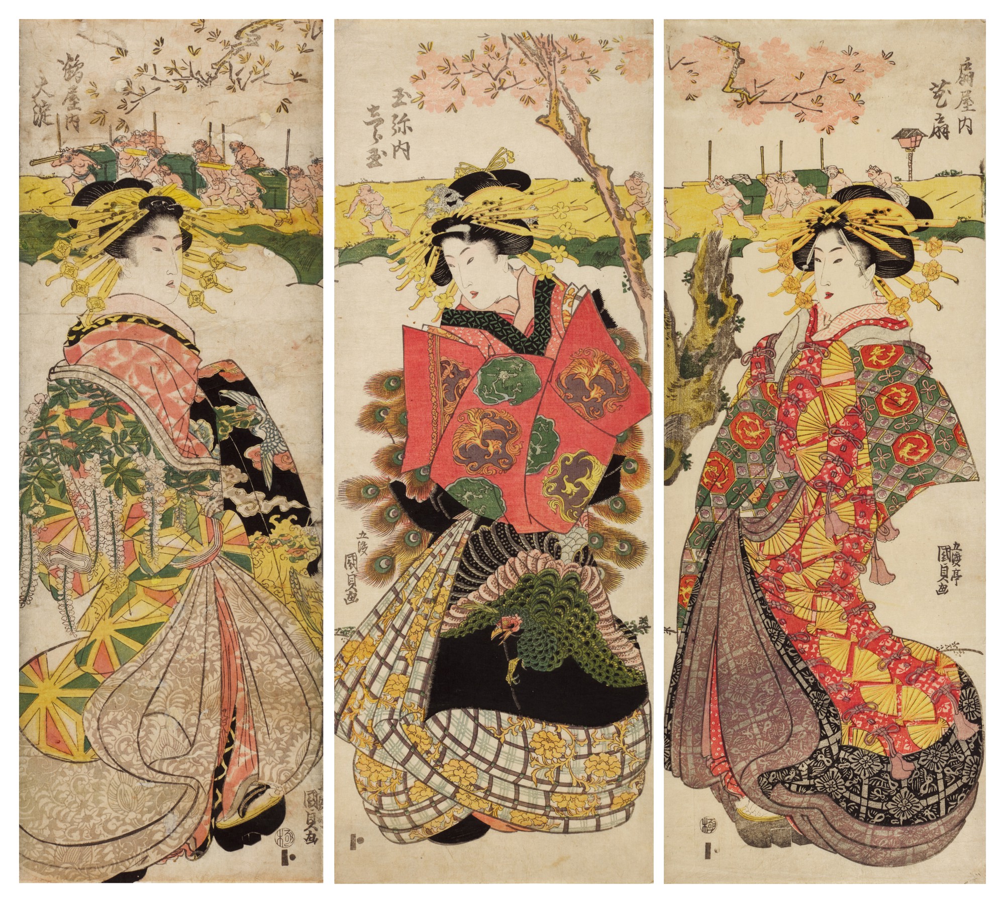 Utagawa Kunisada — The courtesans Hanaogi of the Ogiya house, Shiratama of the Tamaya house and Oyodo of the Tsuruya house (Tsuruya uchi Oyodo, Tamaya uchi Shiratama, Ogiya uchi Hanaogi) | Edo period, 19th century