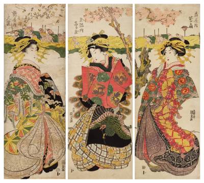 The courtesans Hanaogi of the Ogiya house, Shiratama of the Tamaya house and Oyodo of the Tsuruya house (Tsuruya uchi Oyodo, Tamaya uchi Shiratama, Ogiya uchi Hanaogi) | Edo period, 19th century