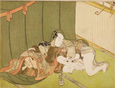 An amorous couple and husband under a mosquito net (kaya) | Edo period, 18th century
