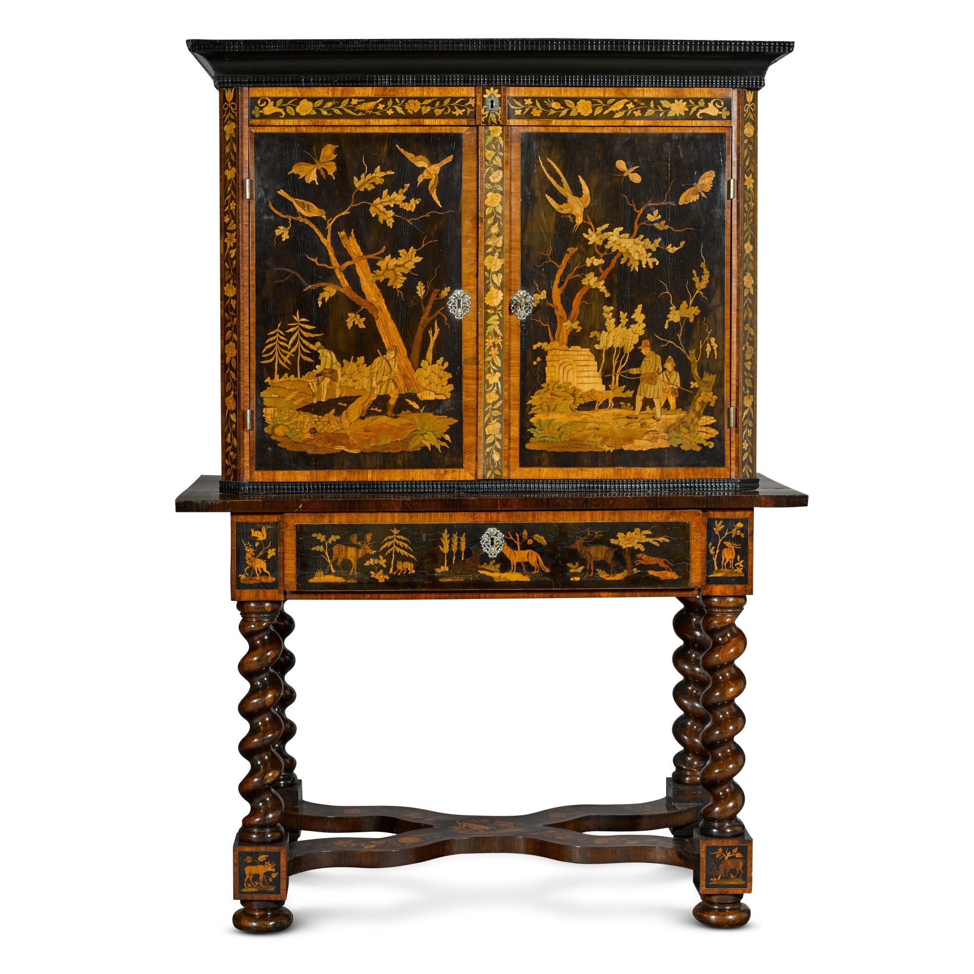 A mahogany, ebony and rosewood marquetry cabinet-on-stand, second quarter 19th century — A mahogany, ebony and rosewood marquetry cabinet-on-stand, second quarter 19th century