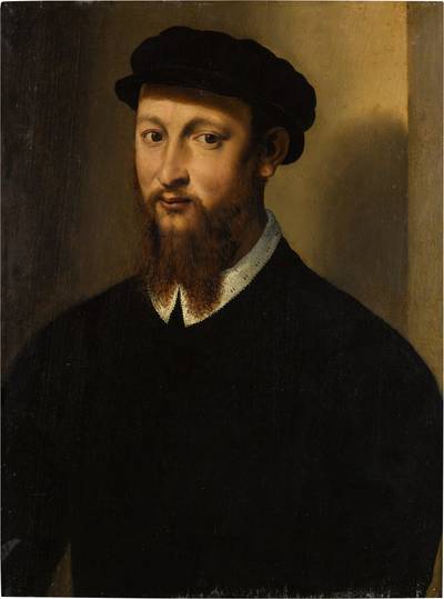 Portrait of a man dressed in black, bust length, wearing a hat