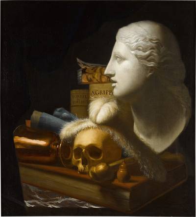 Vanitas still life with a Head of Niobe and a skull