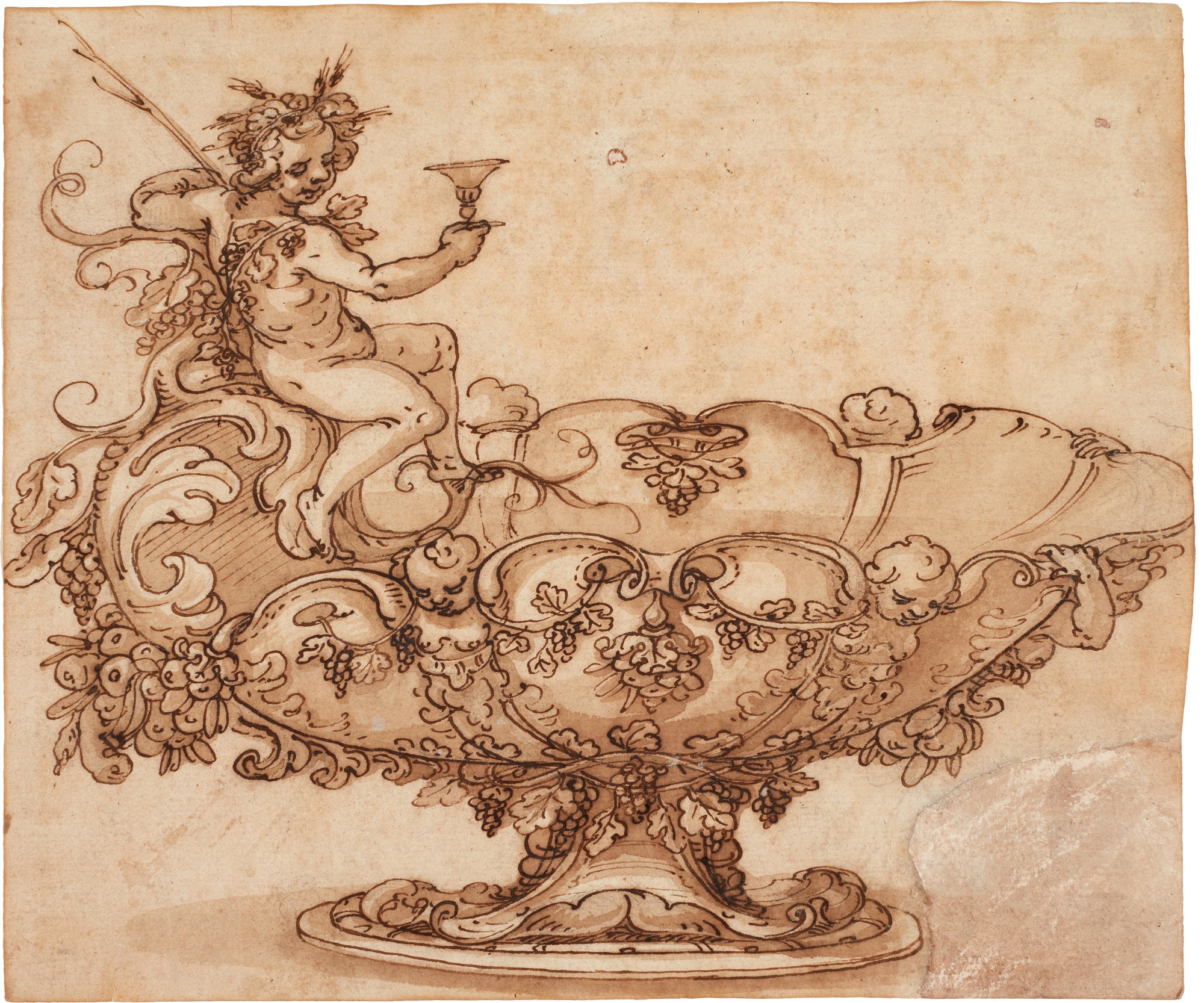 German School, circa 1600 — Design for a Tazza decorated with Bacchus, grapes and putti