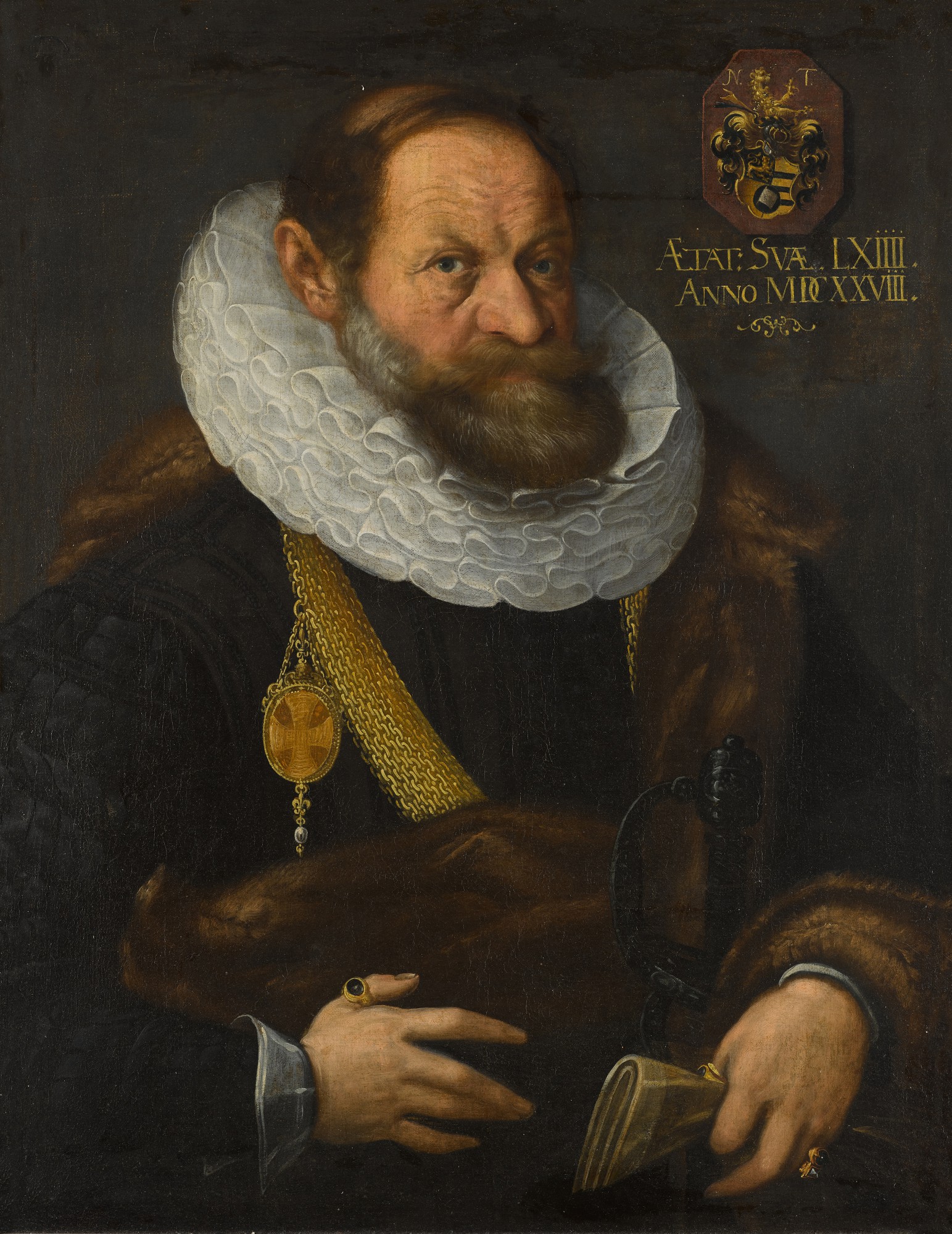 Attributed to Johann Kreuzfelder — Portrait of Nikolaus Tritt von Wilderen (1564 - between 1628/35), half-length, wearing black with a fur mantle, ruff and gold chain, holding his gloves