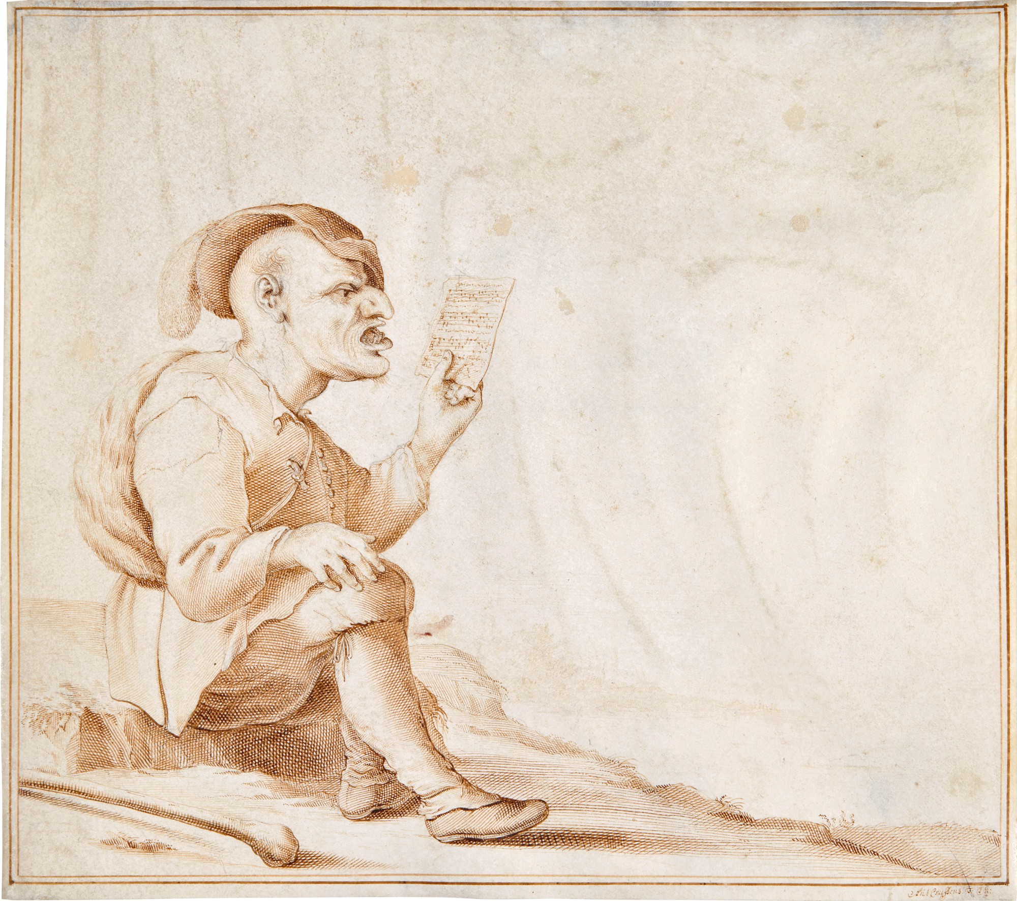 A man seated on a grassy bank, singing, holding a song sheet (the Sense of Hearing)