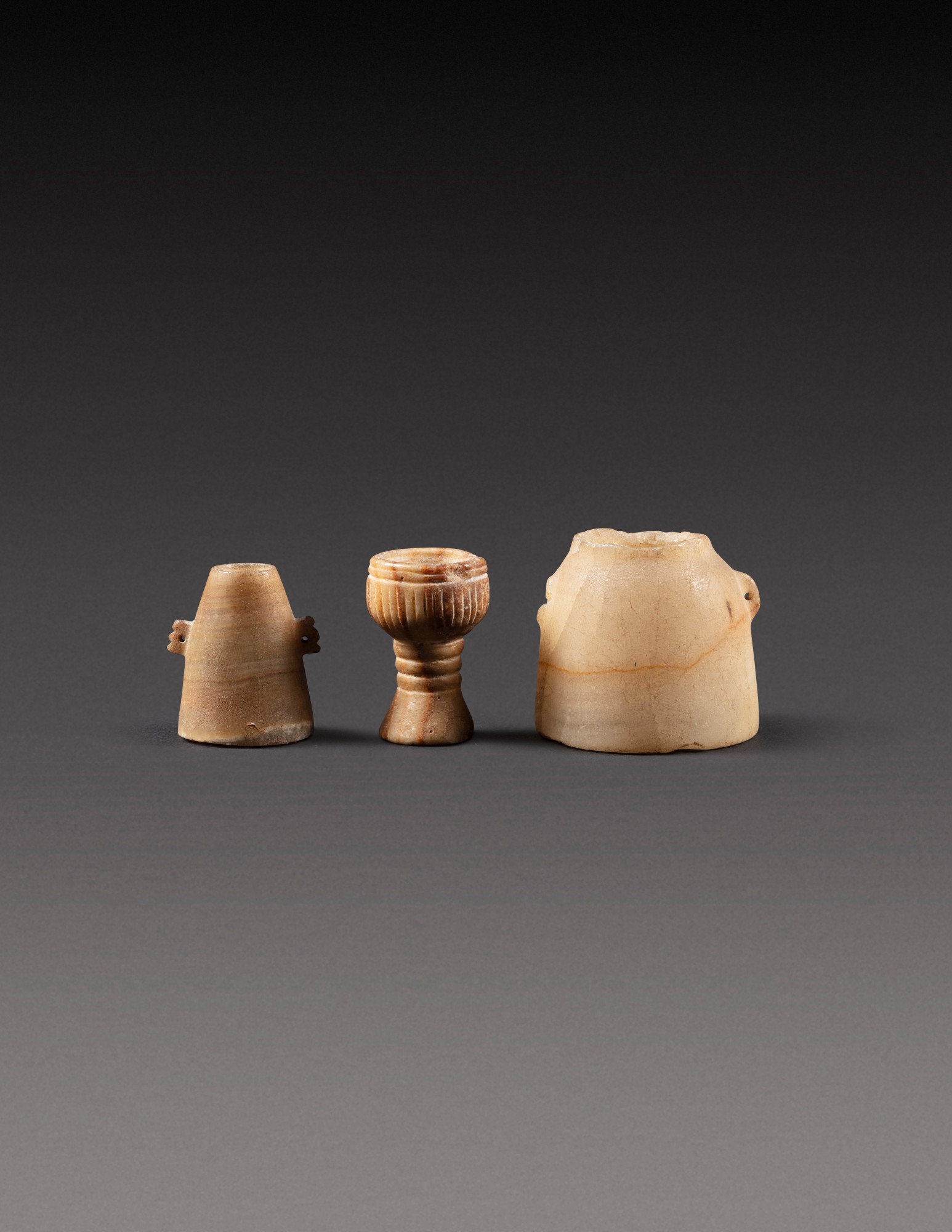 Three South Arabian Alabaster Miniature Vessels, Qataban — Three South Arabian Alabaster Miniature Vessels, Qataban, 3rd Century B.C./1st Century A.D.