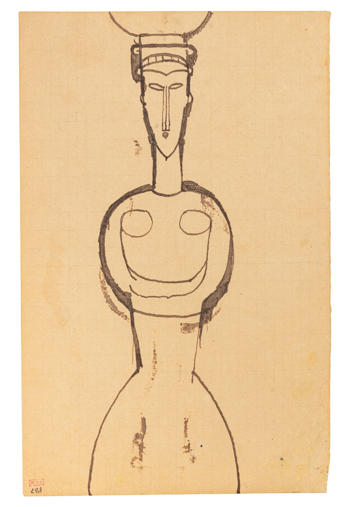 Cariatide de face, bras croisés, tête surmontée d'un chapiteau