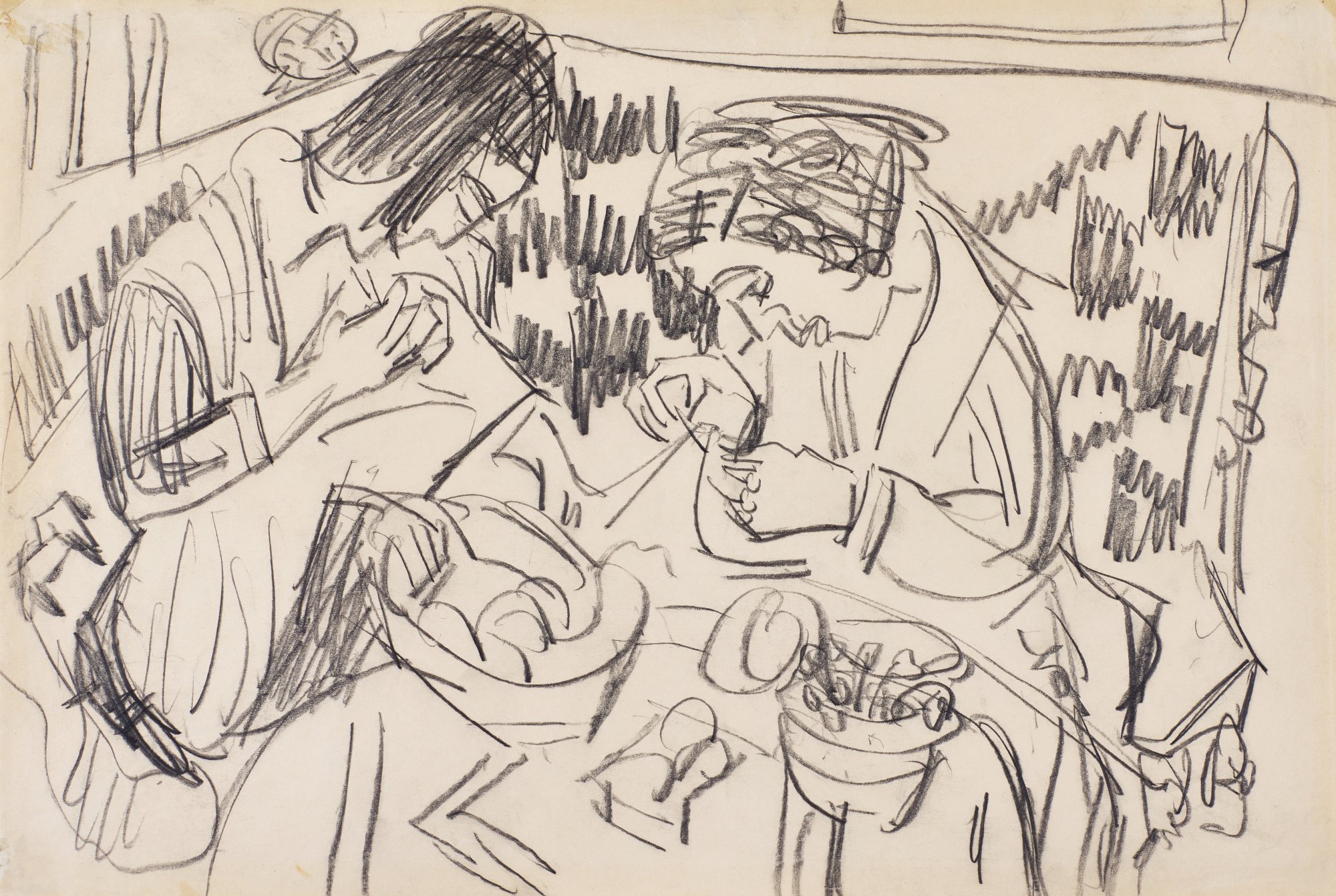 Zwei nähende Frauen am Tisch (Two Women Sewing at the Table)