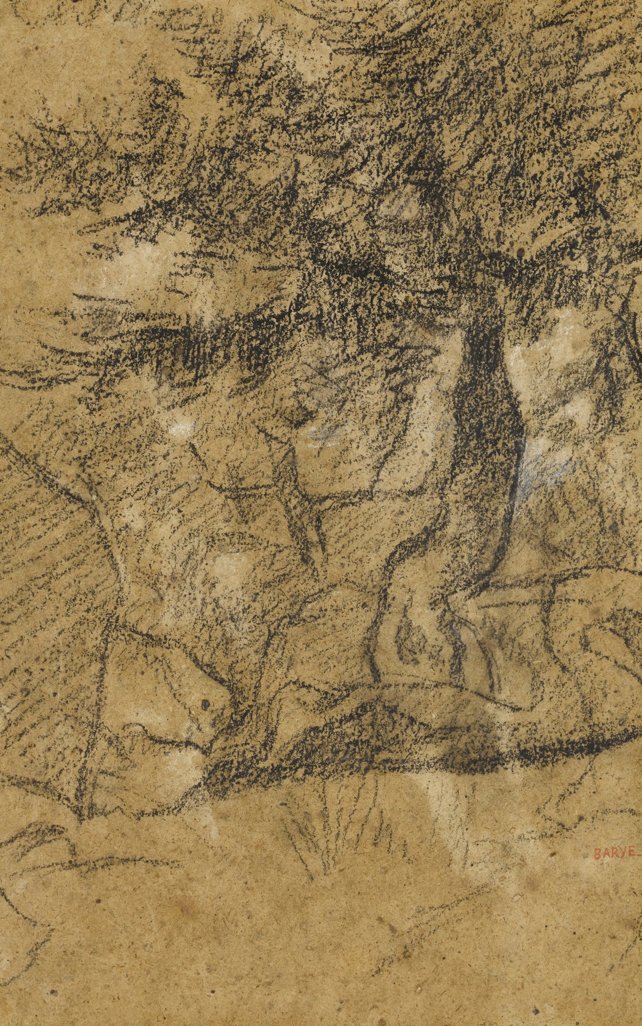 Antoine-Louis Barye — A collection of seven drawings A) Trees and Rocks in the Forest of Fontainebleu, with a study on the reverse B) Forest of Fontainebleu C) A Bear D) An Elephant in a Landscape E) Distant Hills F) A Stag G) Calling Card of Barye