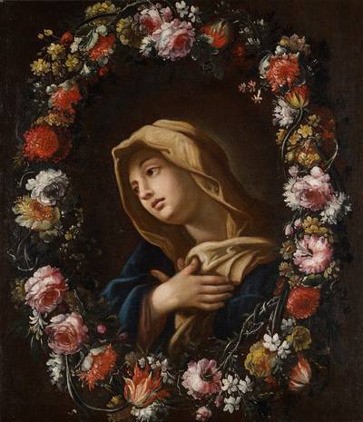 A garland of flowers surrounding the Virgin