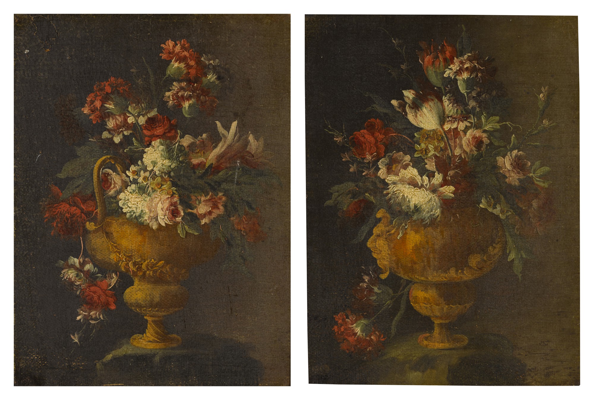 Francesco Lavagna — A still life of summer flowers including pink roses, in a gilt vase; and A still life of flowers, including narcissi and a lily in a gilt vase with a handle