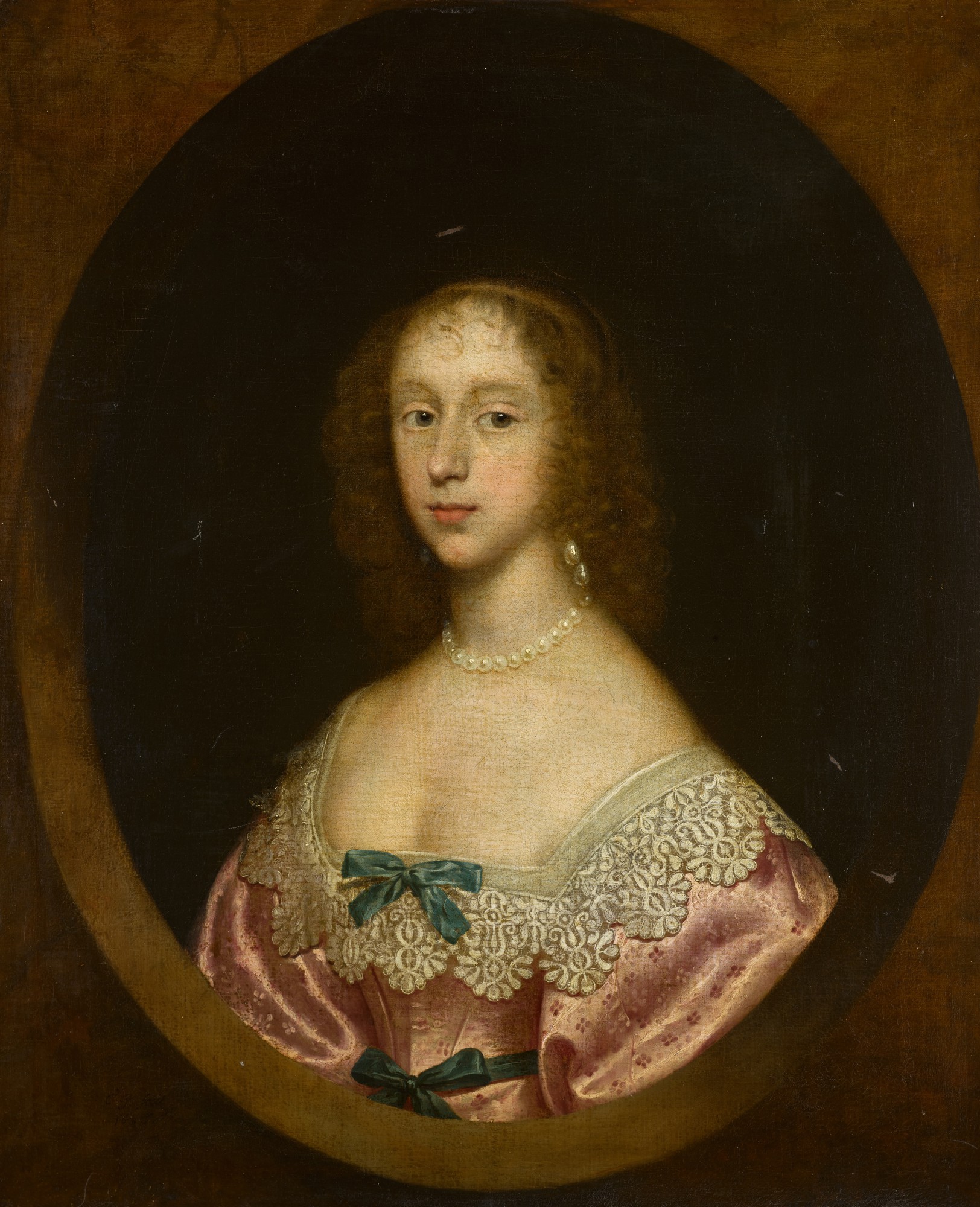 Cornelius Johnson — Portrait of a lady, half-length, wearing a pink dress with green bows and a lace collar