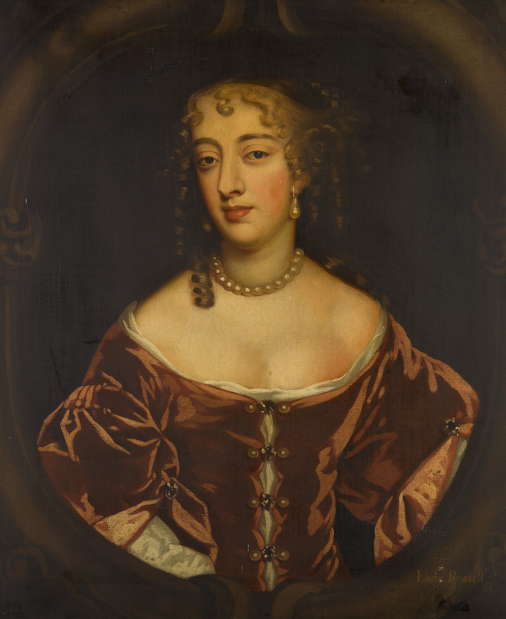 After Sir Peter Lely — Portrait of Anne Popham (née Carr), half-length, wearing a red satin dress