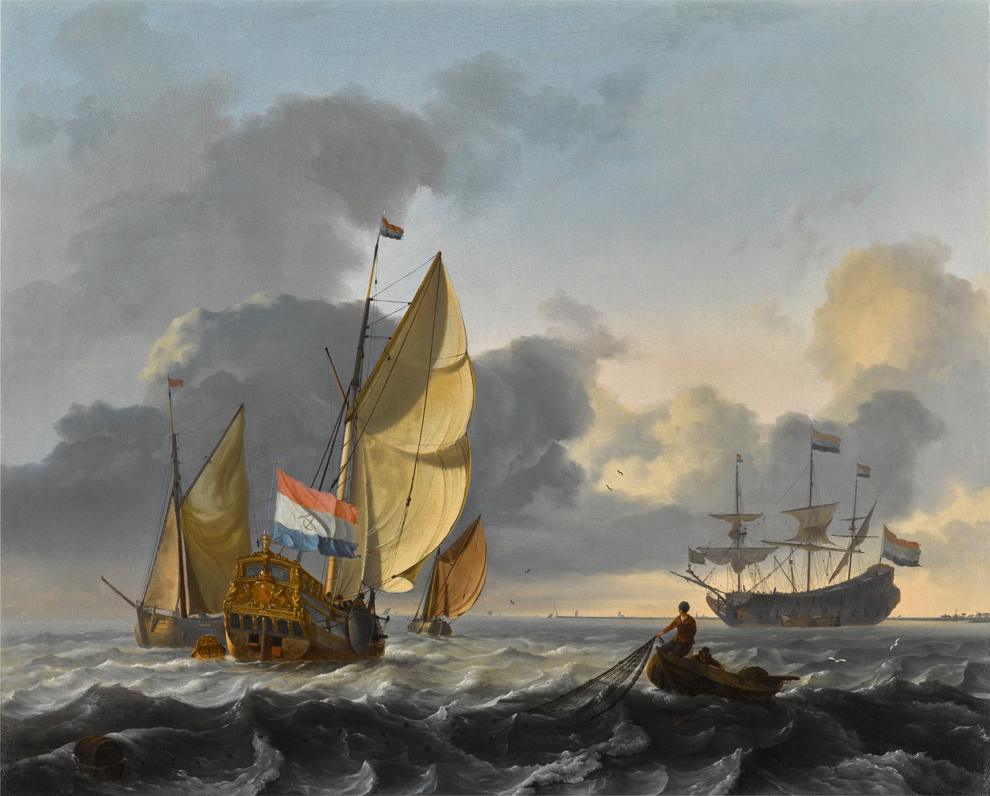 A view of the Texel, with two fishermen hauling in their nets, a yacht of the admiralty of Amsterdam and a man-o'-war beyond