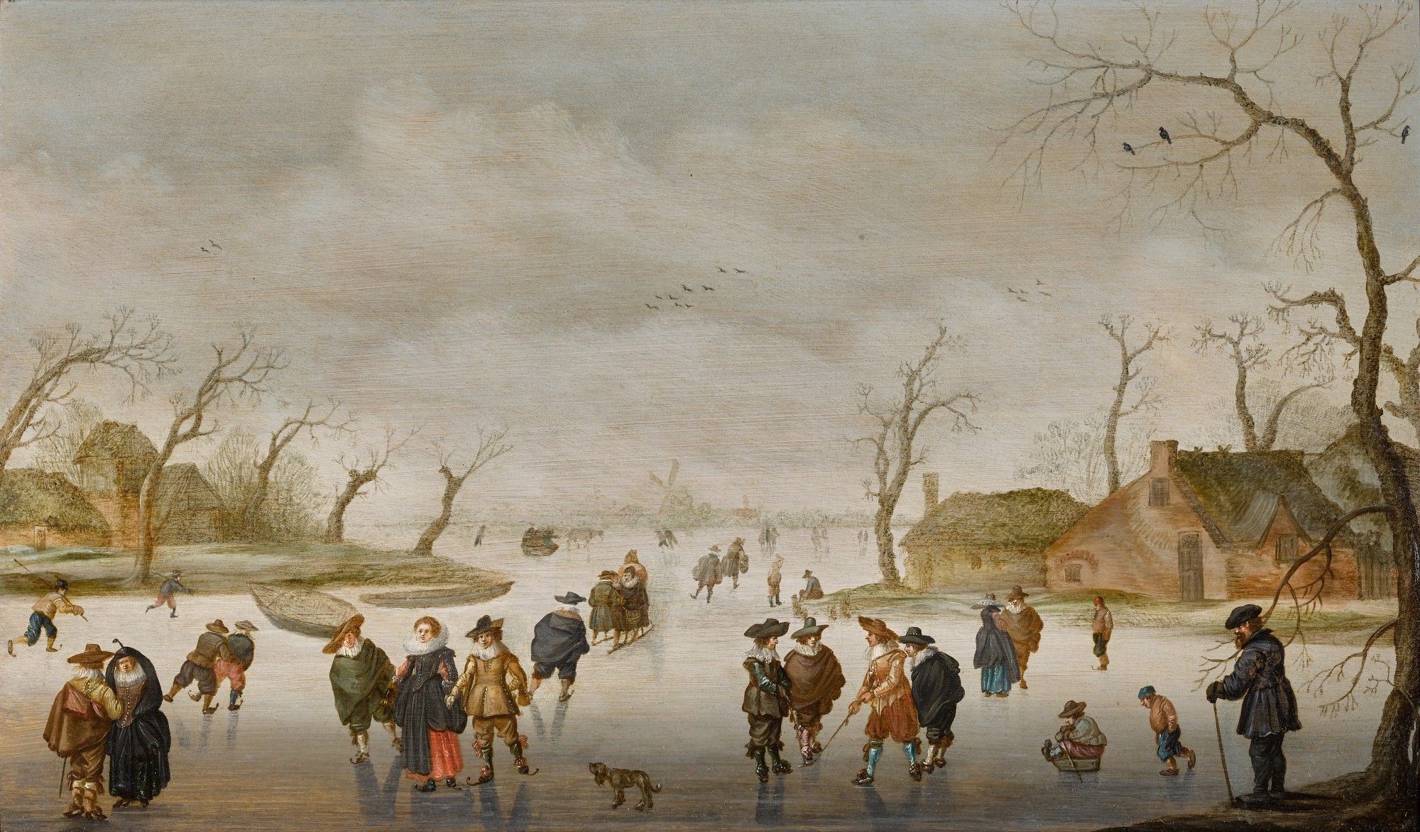Unknown — Winter landscape with elegant figures playing kolf and skating on a frozen river