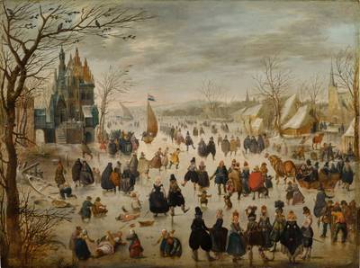 Figures skating on a frozen river, a castle beyond