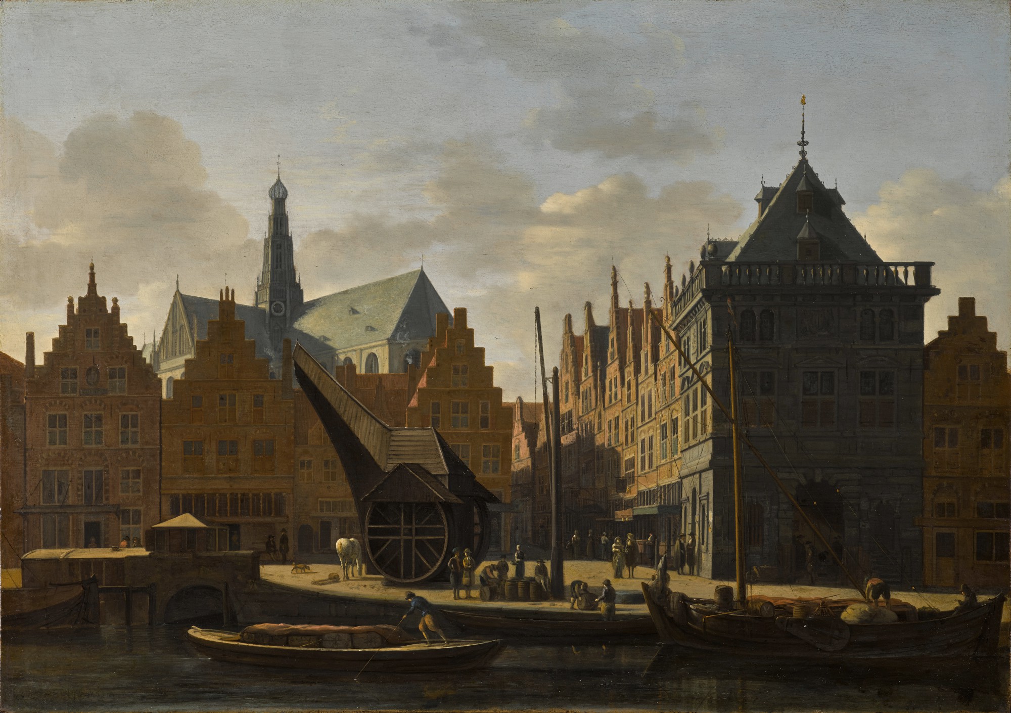 Unknown — Haarlem, a view from the Spaarne river looking towards the cathedral of St Bavo, with the Damstraat and the Waag