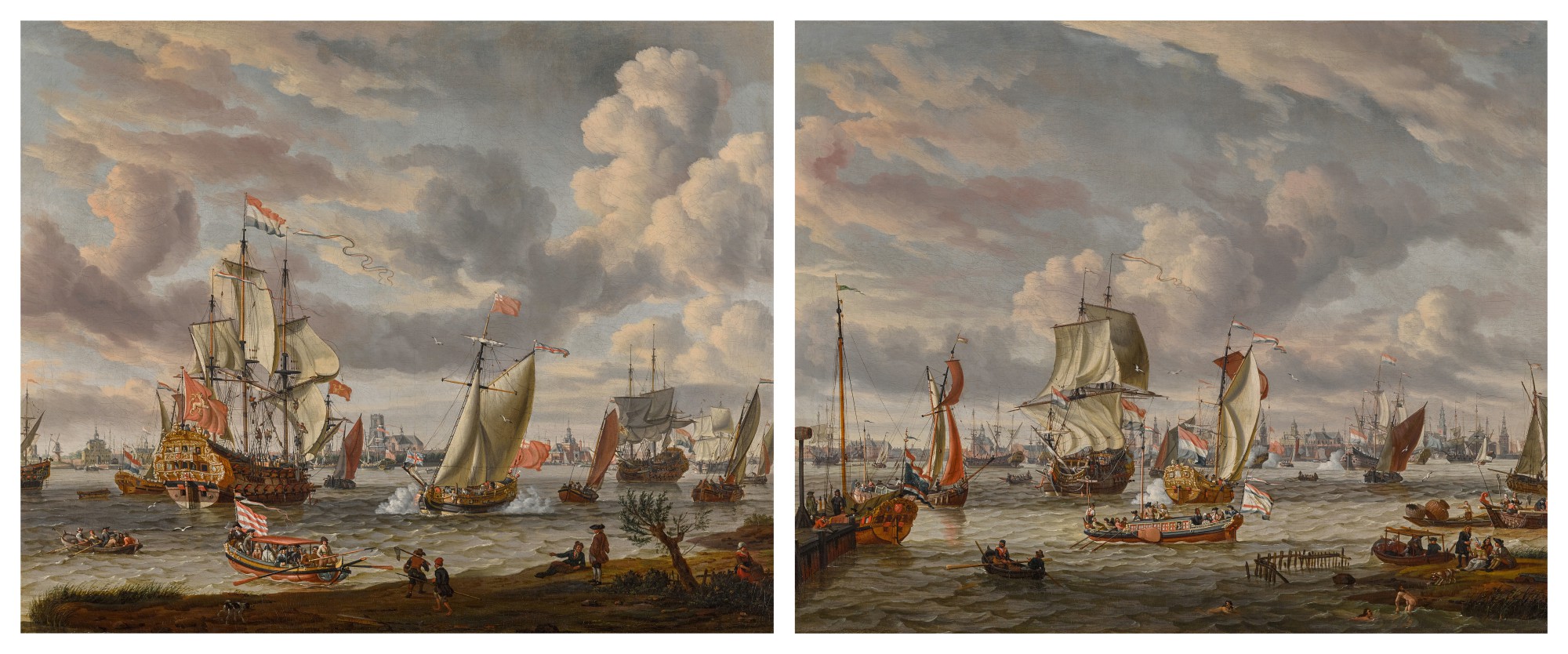 Abraham Storck — Rotterdam, a view of shipping on the Nieuwe Maas river, taken from the south-east; Amsterdam, a view of shipping on the IJ, taken from the north-east