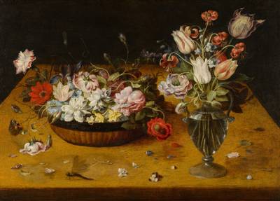 Still life with roses, tulips, carnations and other flowers in a Chinese lacquer basket and in a glass vase on a ledge, with a butterfly and a dragonfly