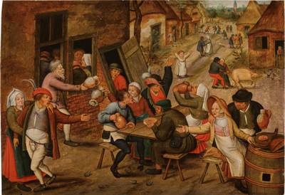 Peasants feasting and merrymaking in a village street