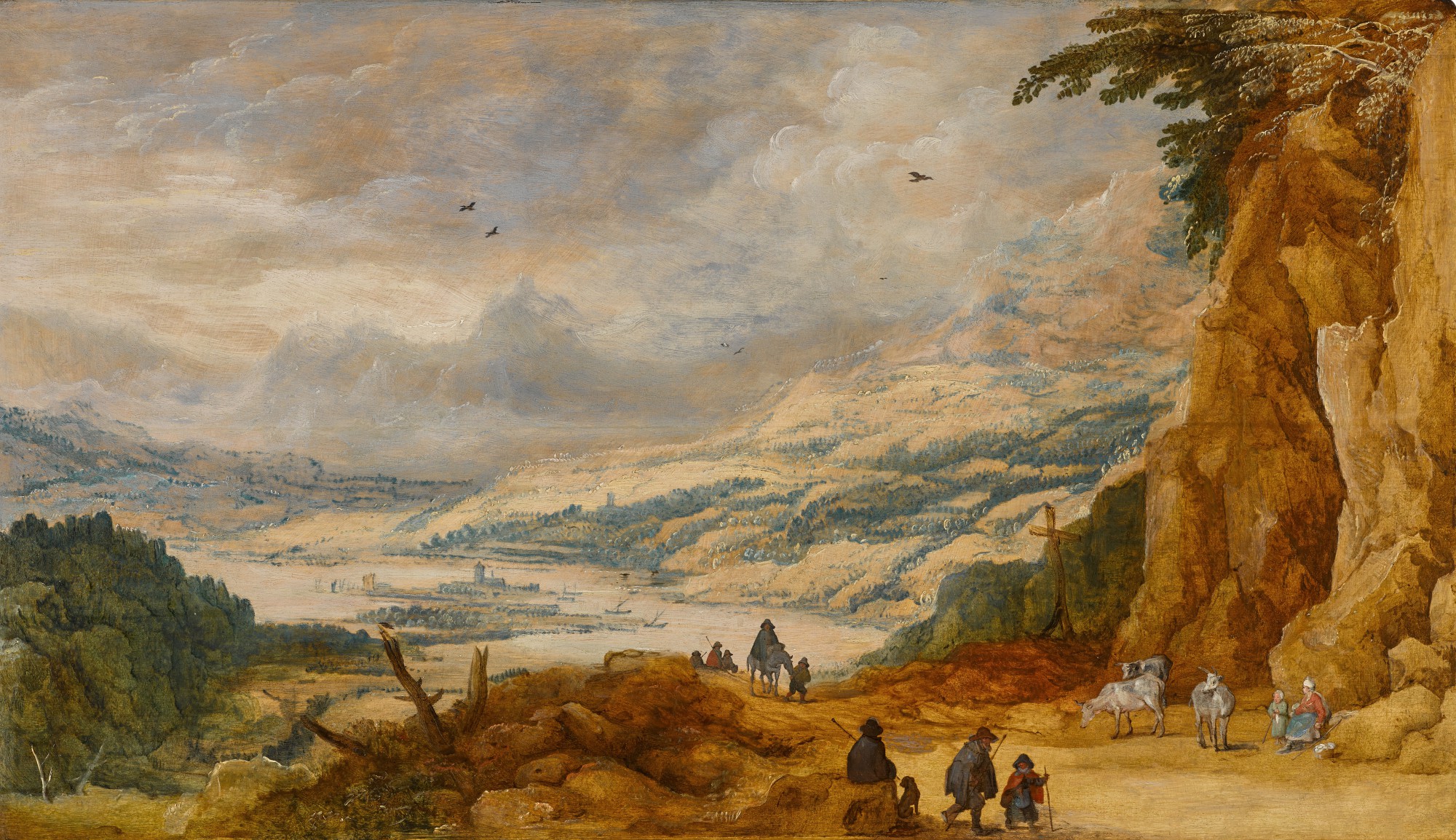 Joos de Momper — An extensive mountainous landscape with travelling shepherds and cattle, a lake beyond