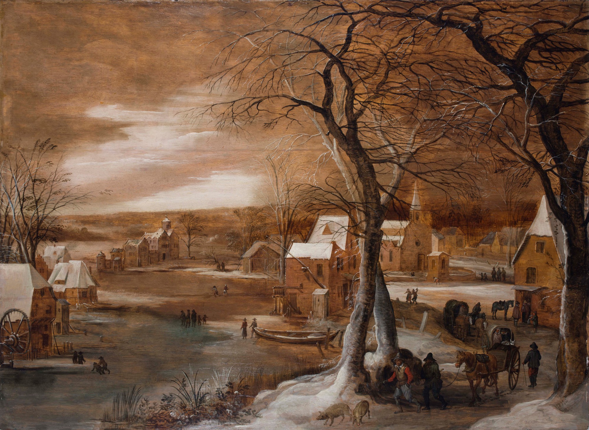 Circle of Joos de Momper the Younger — Winter landscape with horse-drawn wagons in a village near a frozen river