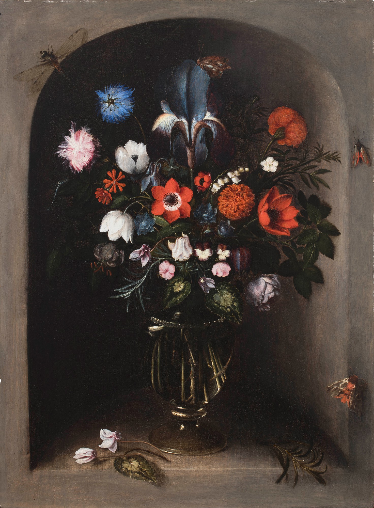 Unknown — Still life of flowers with an iris in a glass vase, placed in a niche