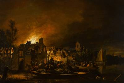 A riverside village with cottages on fire