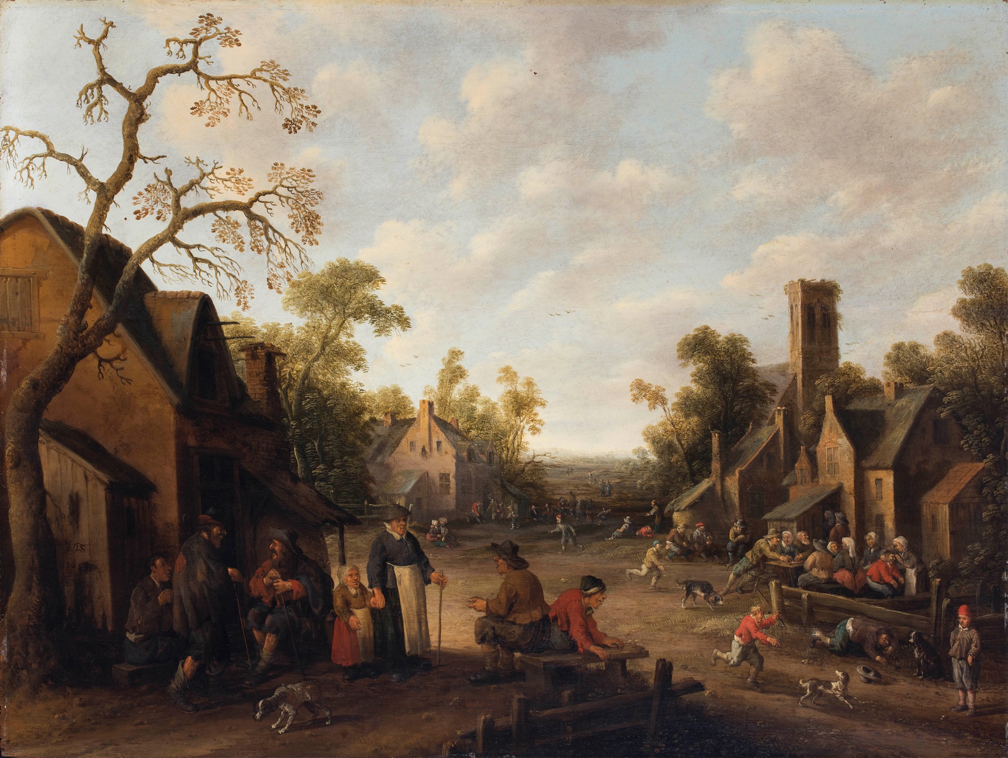 Joost Cornelisz. Droochsloot — A village square with people eating outside an inn, and children playing with dogs