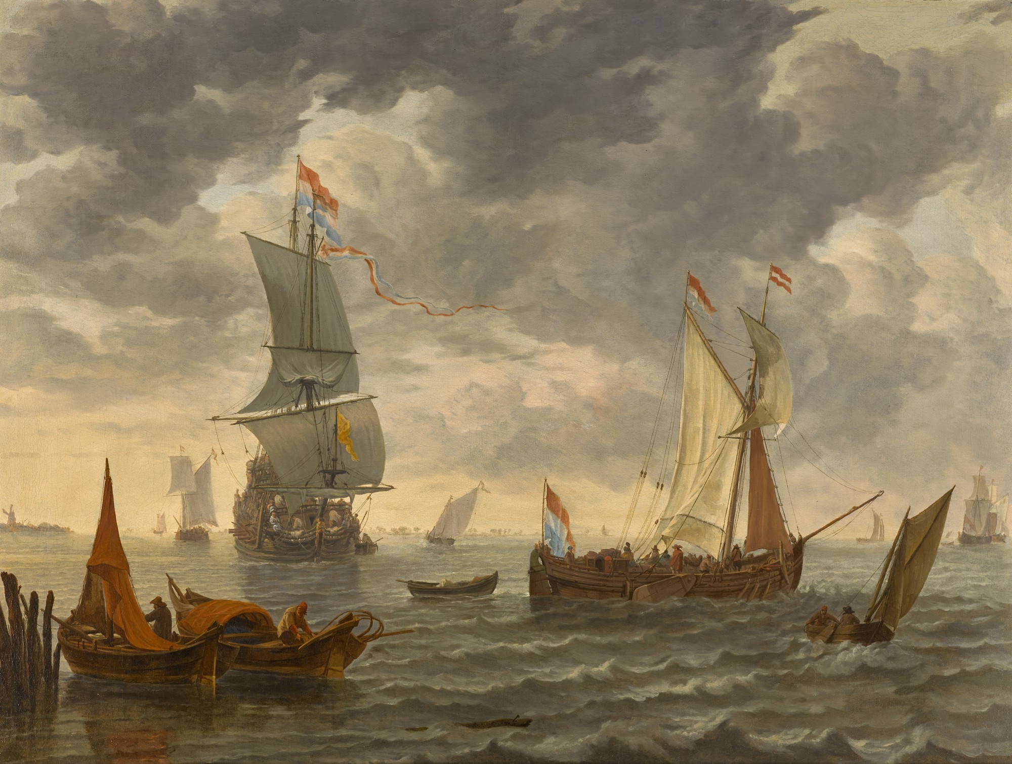 Lieve Pietersz. Verschuier — A Dutch man-of-war, a wijdschip and other vessels near a jetty