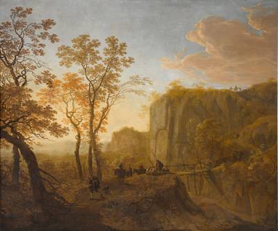 A mountainous wooded river landscape, with travellers on a path and a wooden bridge