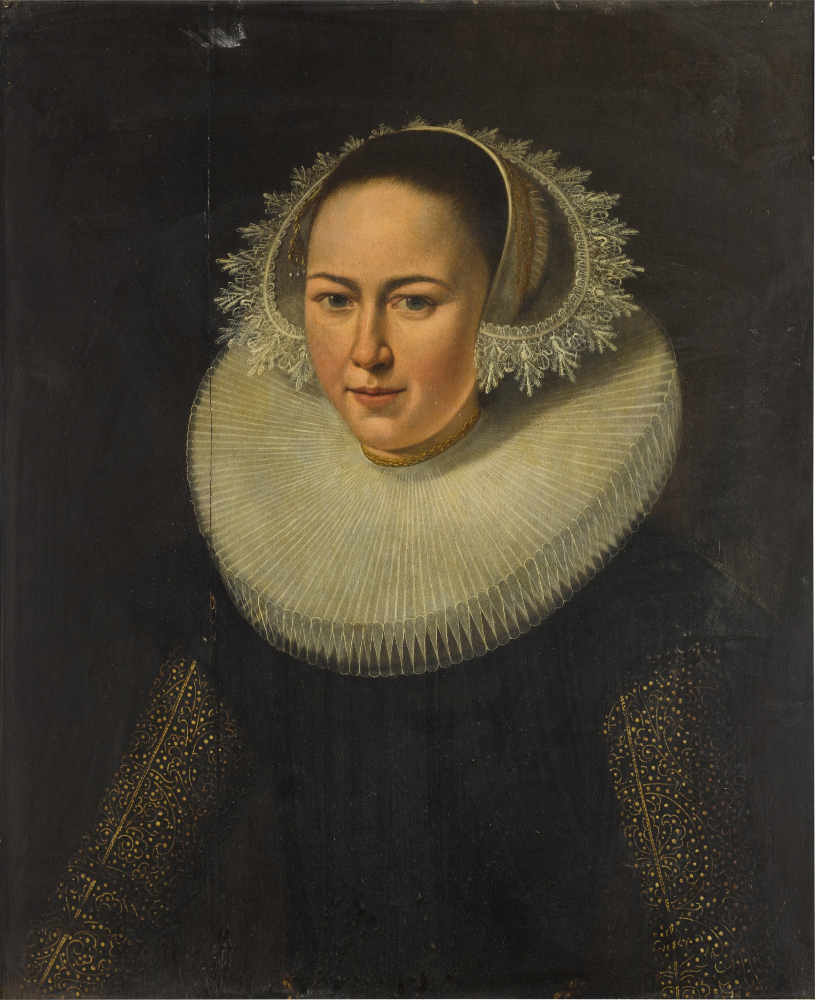 Follower of Michiel Jansz. van Mierevelt — Portrait of a lady, half-length, wearing a white ruff and a black dress with embroidered sleeves and a white cap