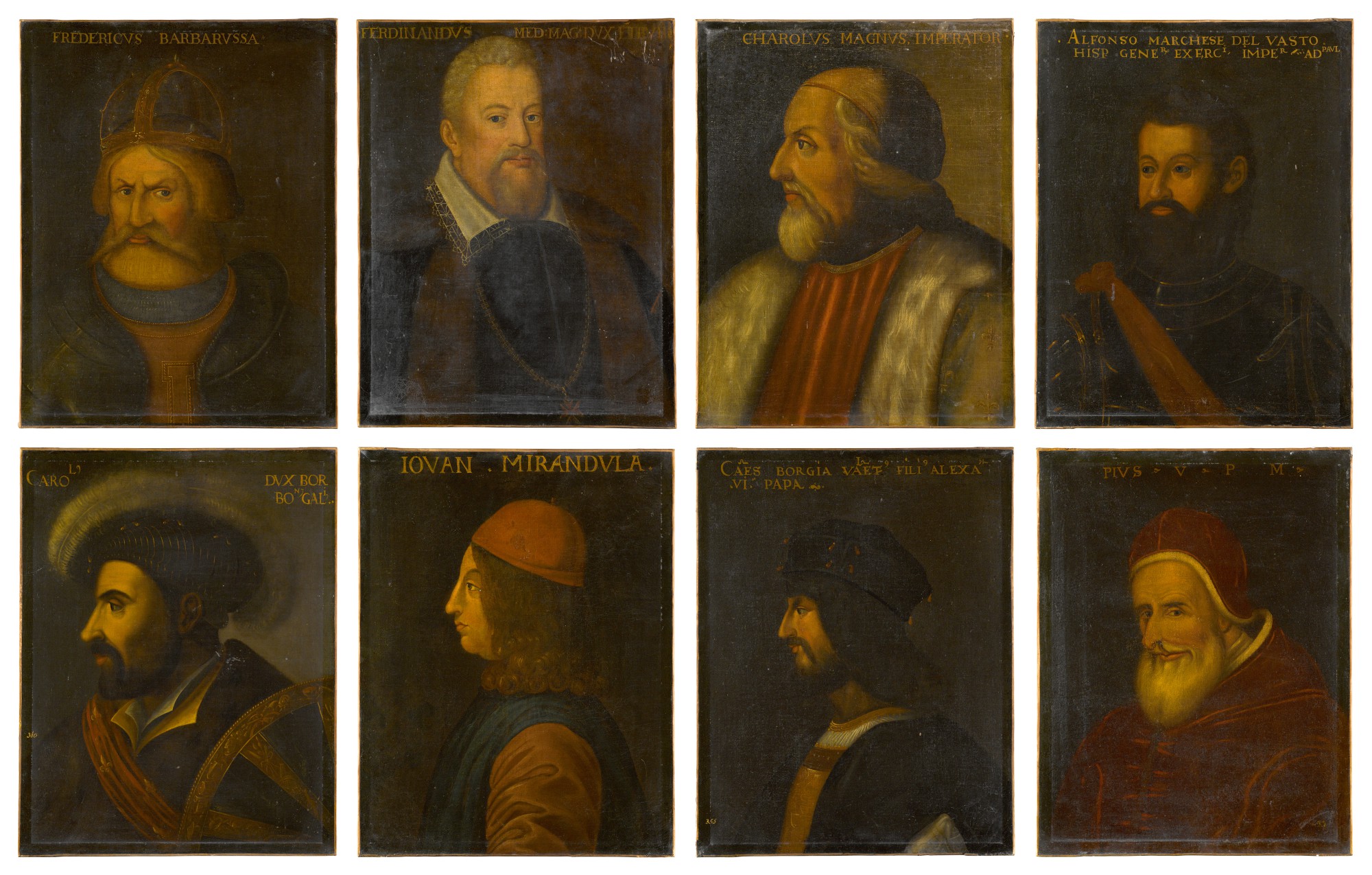 Unknown — A set of 8 historical portraits comprising: Charlemagne (circa 748–814); Frederick I, Holy Roman Emperor, known as Barbarossa (1122–1190); Giovanni Pico della Mirandola (1463–1494); Cesare Borgia (1475/76–1507); Charles III, Duke of Bourbon (1490–1527); Alfonso d'Avalos d'Aquino, VI marquis of Pescara and II of Vasto (1502–1546); Pope Pius V (1504–1572); Ferdinando I de' Medici, Grand Duke of Tuscany (1549–1609)