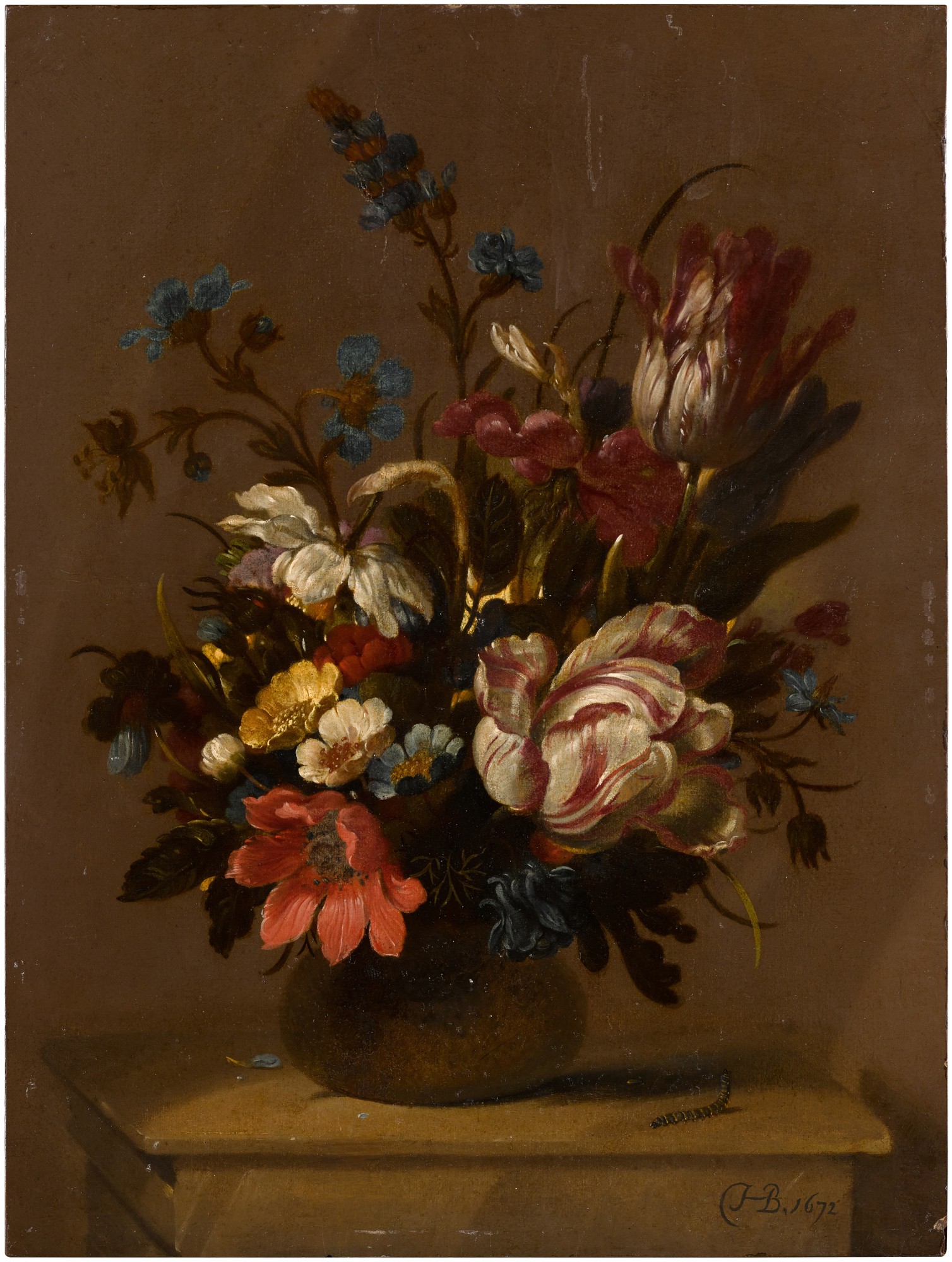 Hans Bollongier — Still life with tulips, anemones and other flowers in a vase, on a stone ledge