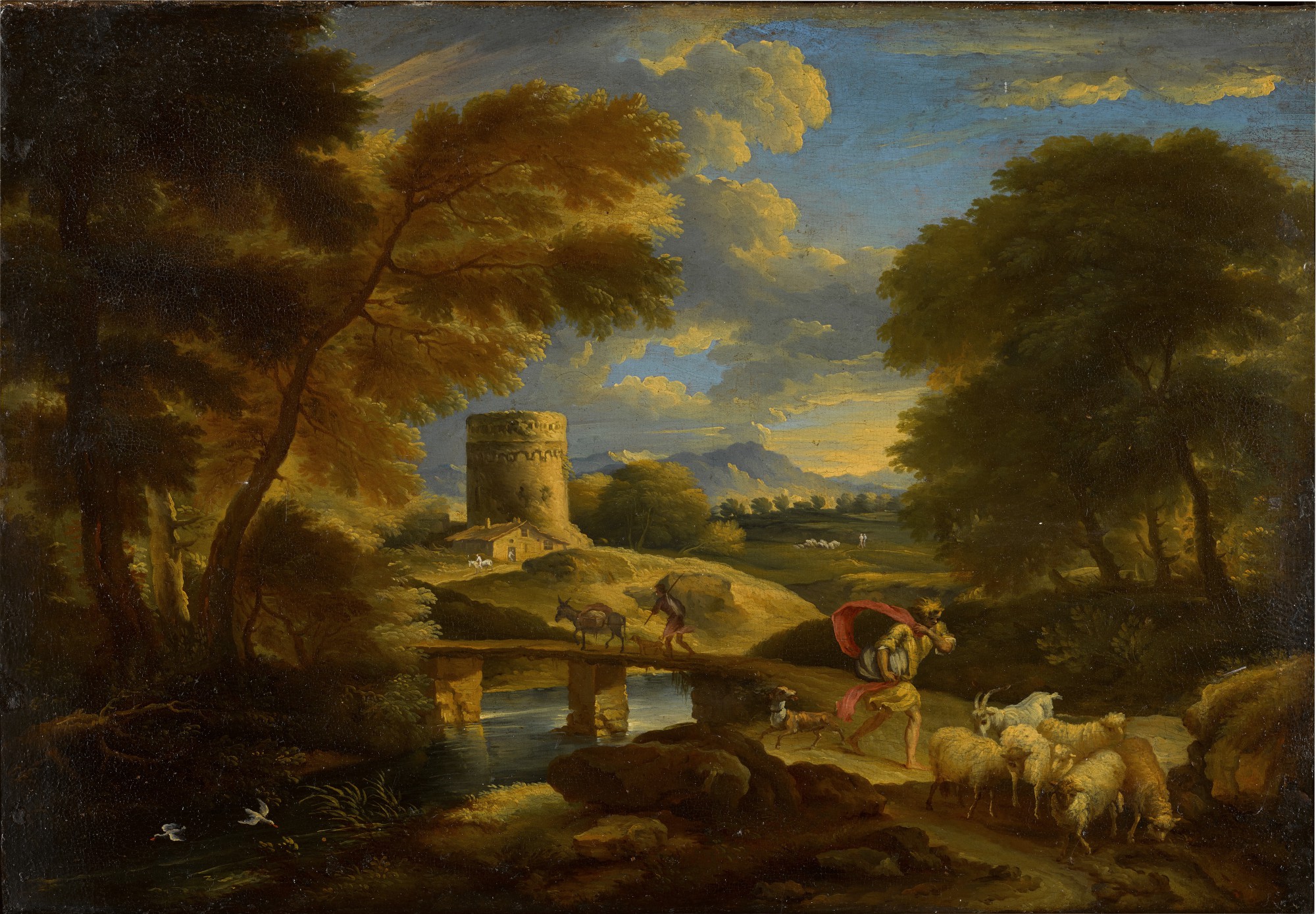 An Italianate river landscape with a shepherd and his flock
