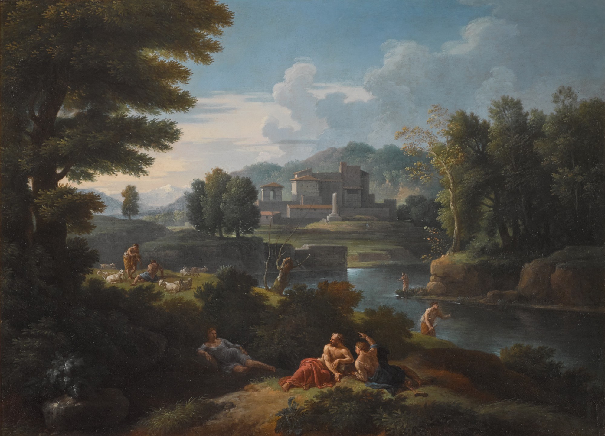 Jan Frans van Bloemen, called Orizzonte — An Italianate landscape with a group of figures conversing by a river, with shepherds and fishermen, a castle beyond