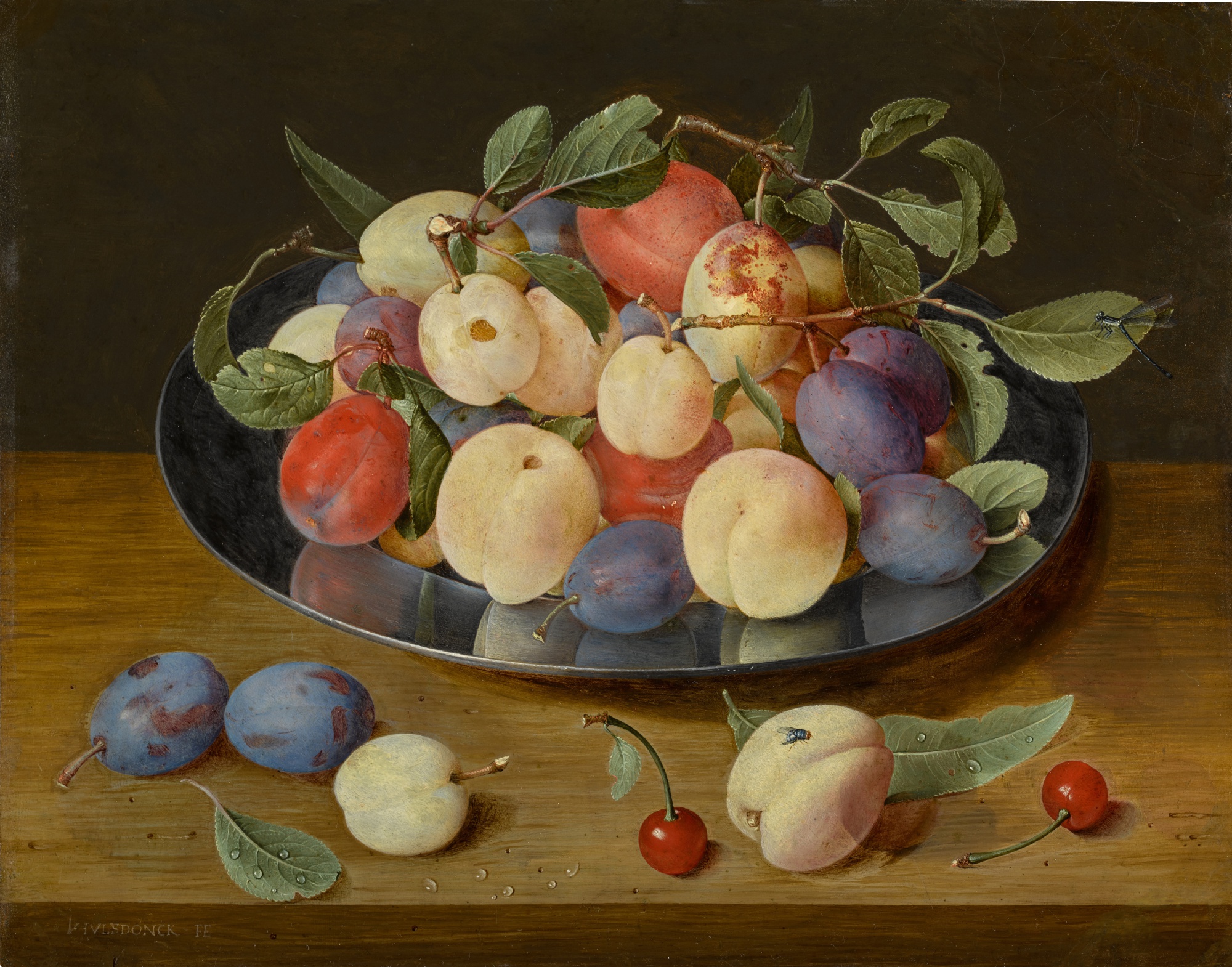 Jacob van Hulsdonck — Still life of plums and peaches on a pewter plate, with plums, a peach and cherries, all on a table