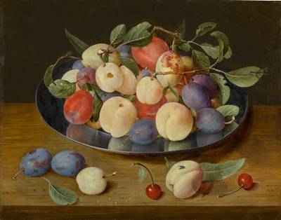 Still life of plums and peaches on a pewter plate, with plums, a peach and cherries, all on a table