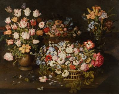 Still life of tulips and an apothecary's rose in a stoneware vase, irises and lilies in a glass vase, together with roses, lilies, anemones, pansies, larkspur, borage and love-in-a-mist in a wicker basket and an oriental lacquer basket, all upon a table-top with cabbage white and red admiral butterflies and a dragonfly