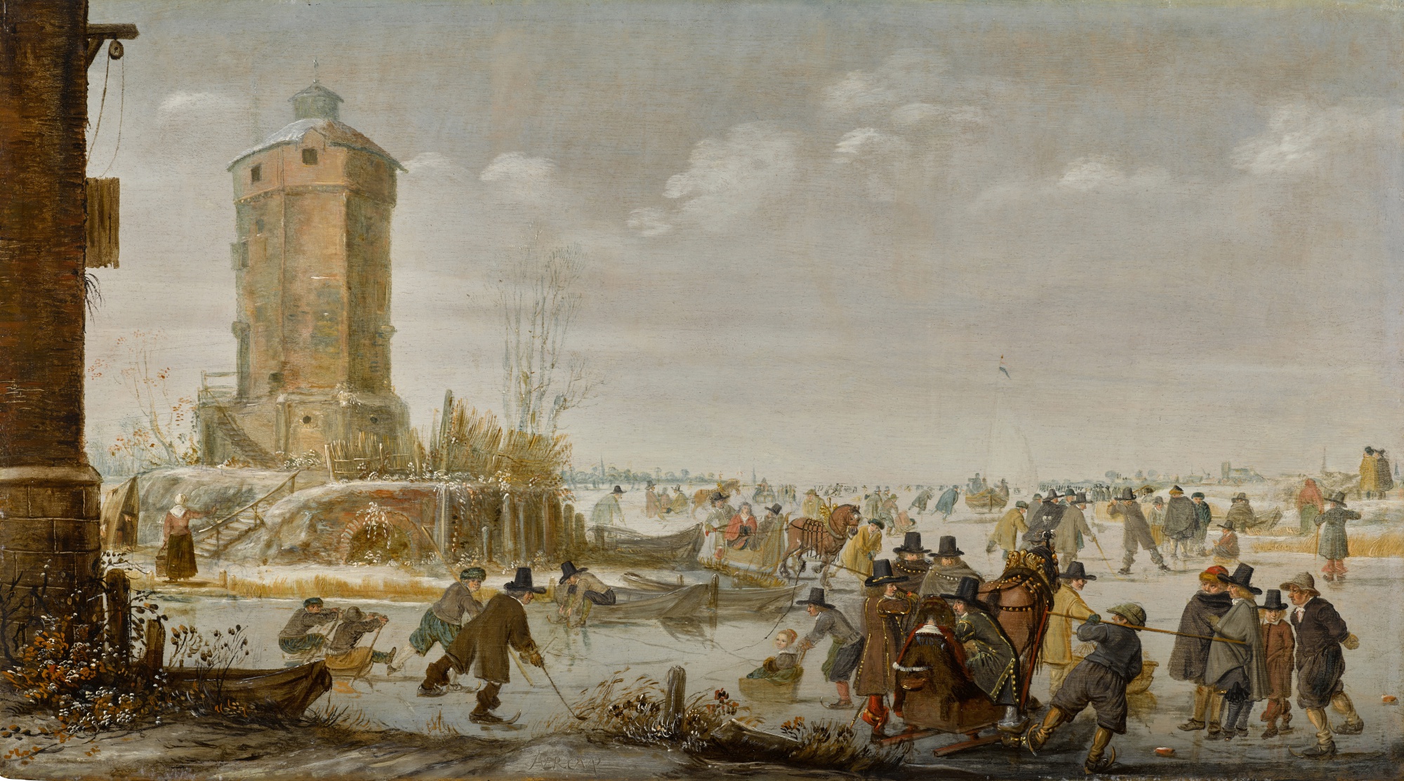 Skaters, kolf players and elegant figures with horse-drawn sleighs on a frozen river by a tower