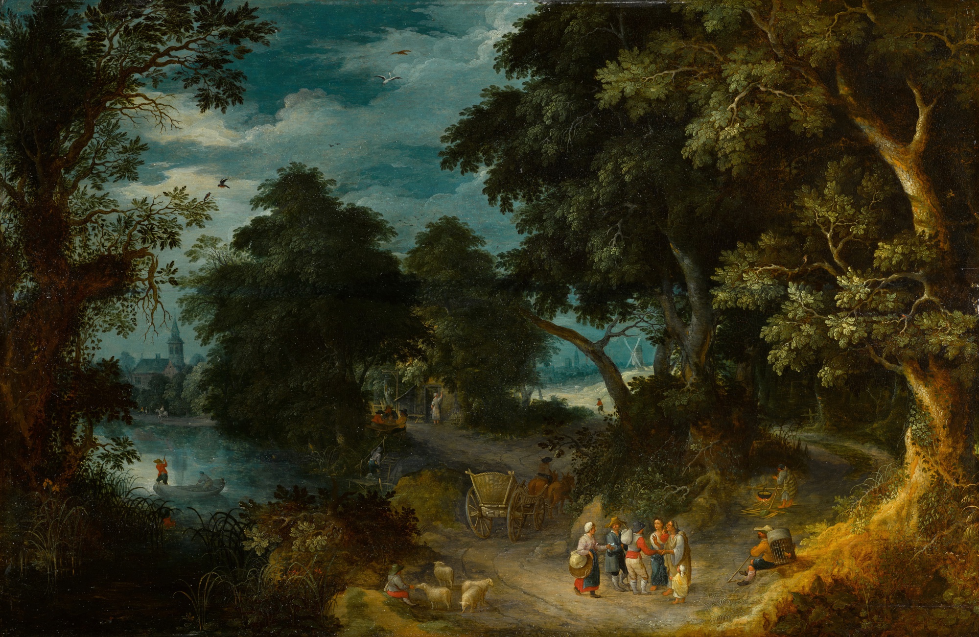 Abraham Govaerts — A wooded river landscape with travellers and peasants on a path, men in a boat and a village beyond